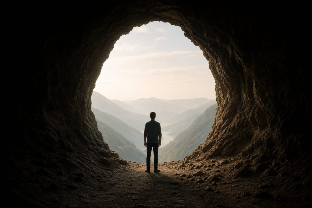 A person standing at the mouth of a cave, looking out over a misty mountain valley