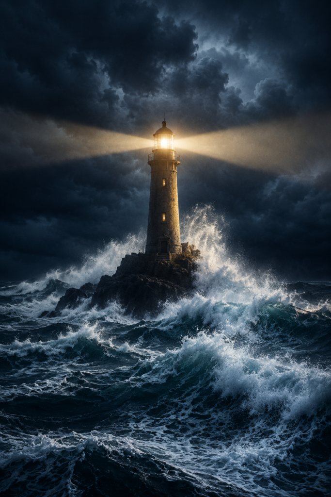 A lighthouse beam piercing the night over a stormy sea